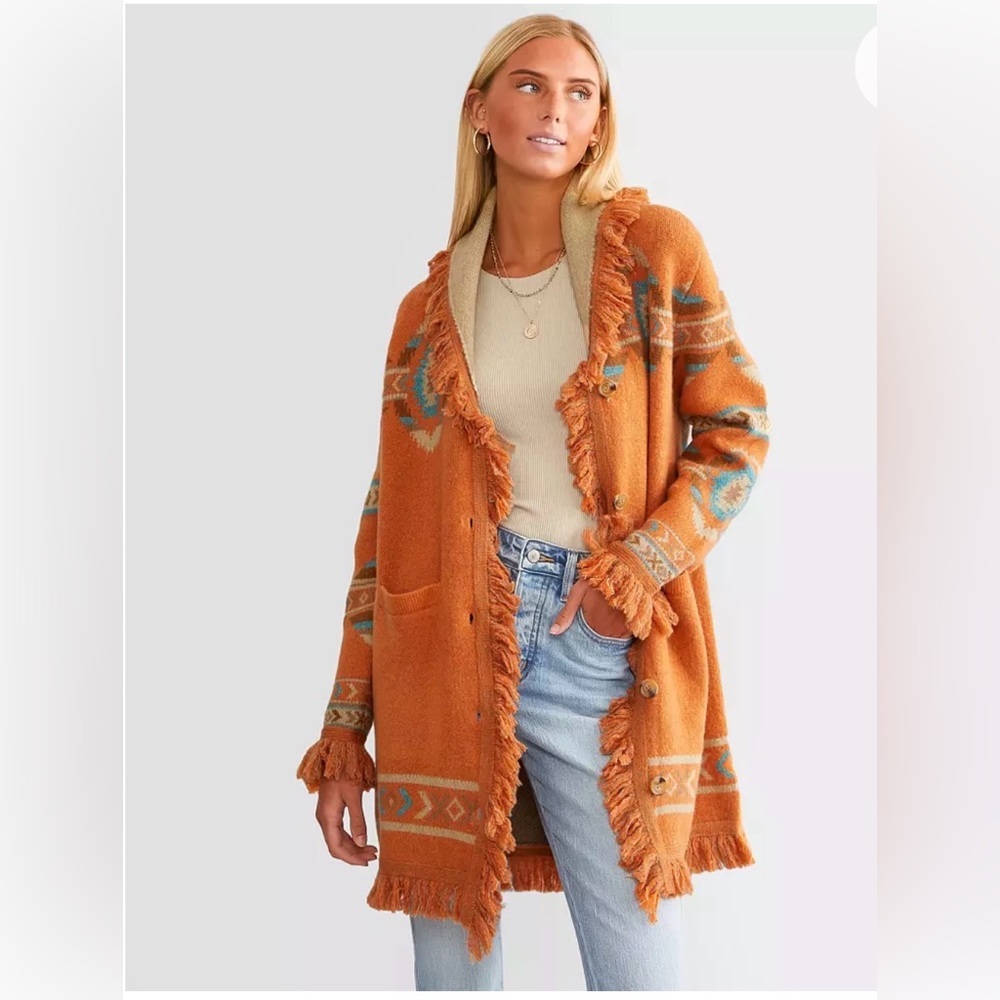 Miss Me Aztec Print Cardigan Sweater in an orange multi-colorway size Medium